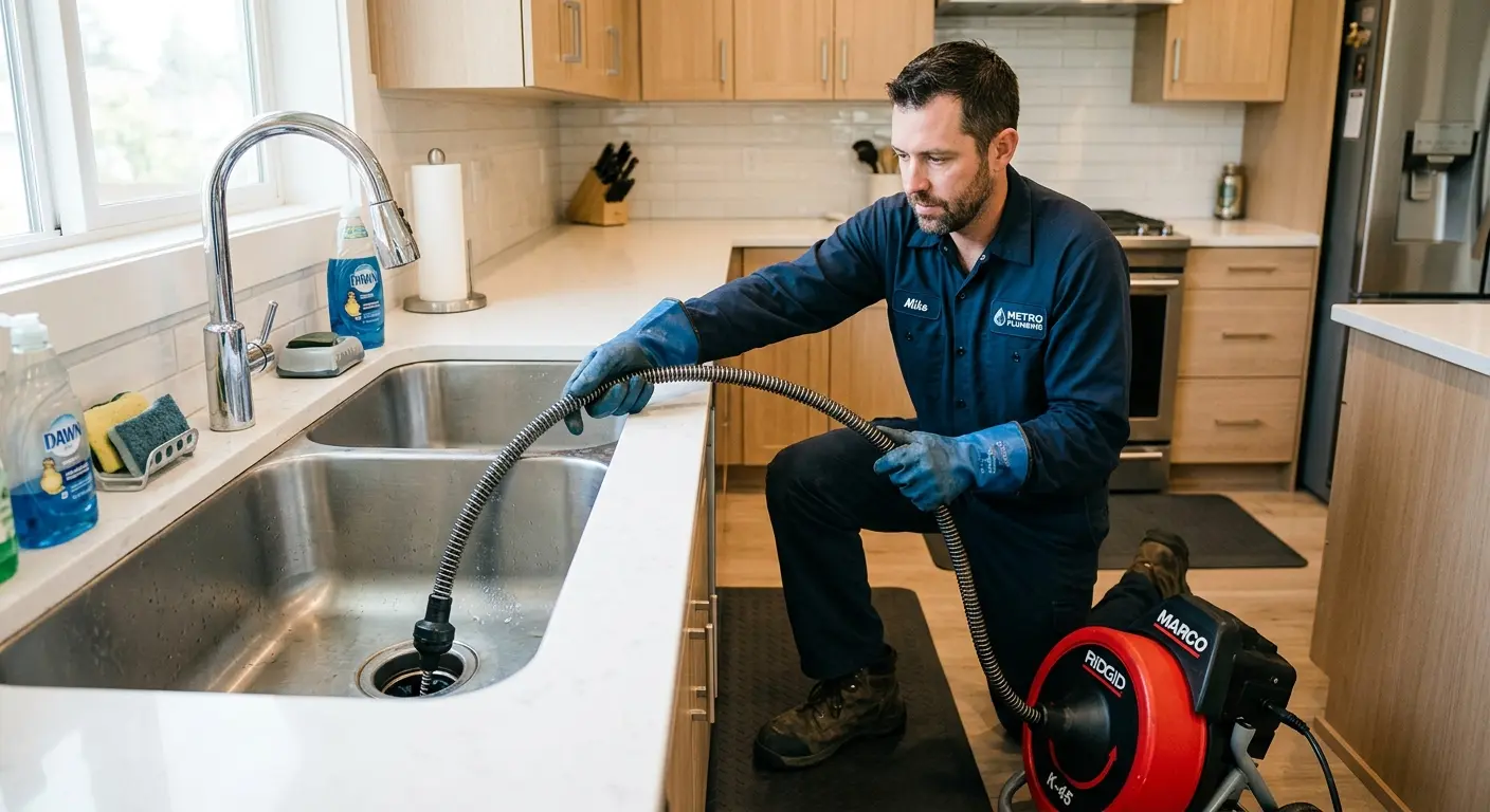 Drain cleaning technician using a motorized snake on a kitchen sink in Saranap