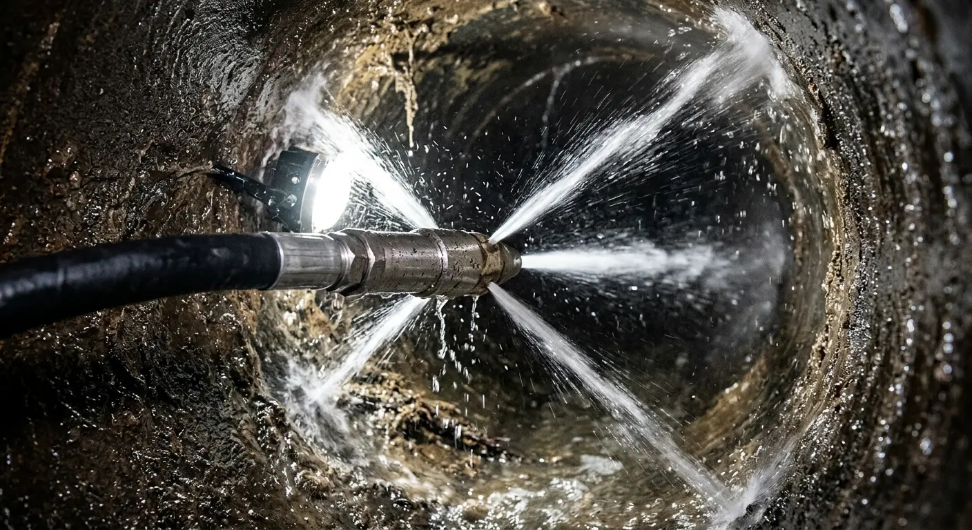 High-pressure hydro jetting nozzle cleaning sewer pipe for Sewer Line Relining in Saranap