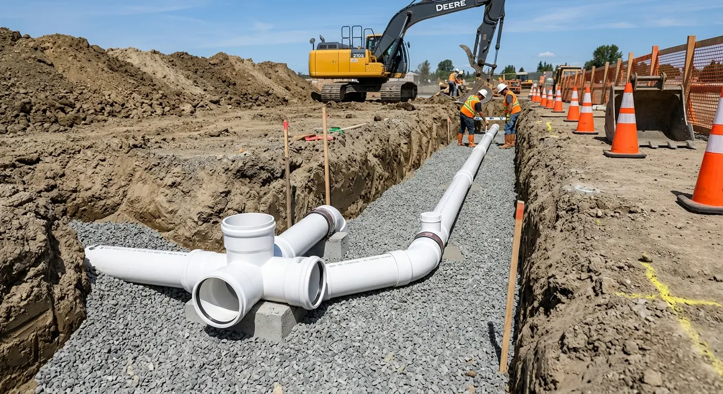New PVC sewer pipe installation in open trench for Sewer Backup in Saranap