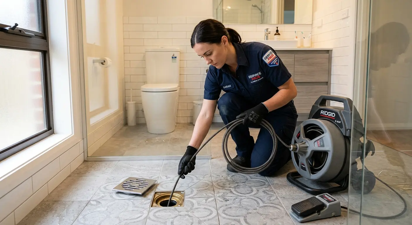 Technician clearing a bathroom floor drain for Drain Cleaning in Saranap